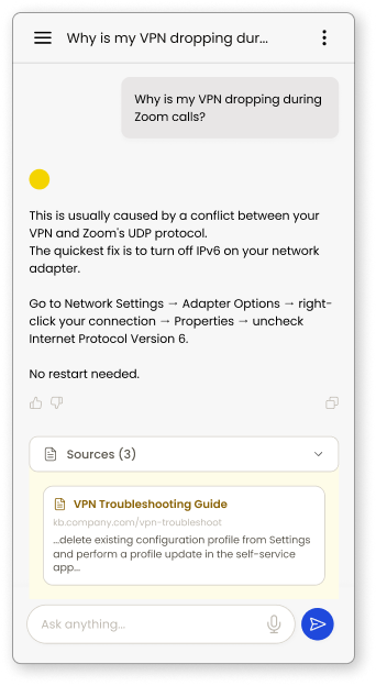 NLV Support-app met een voorbeeldgesprek en een antwoord met bronvermelding