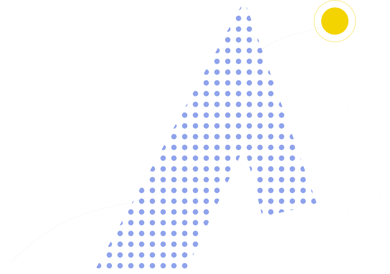 Illustratie van bergtoppen met een stippenpatroon en een stijgende lijn naar een gele cirkel, symbool voor de groeiende strategische waarde van een academie