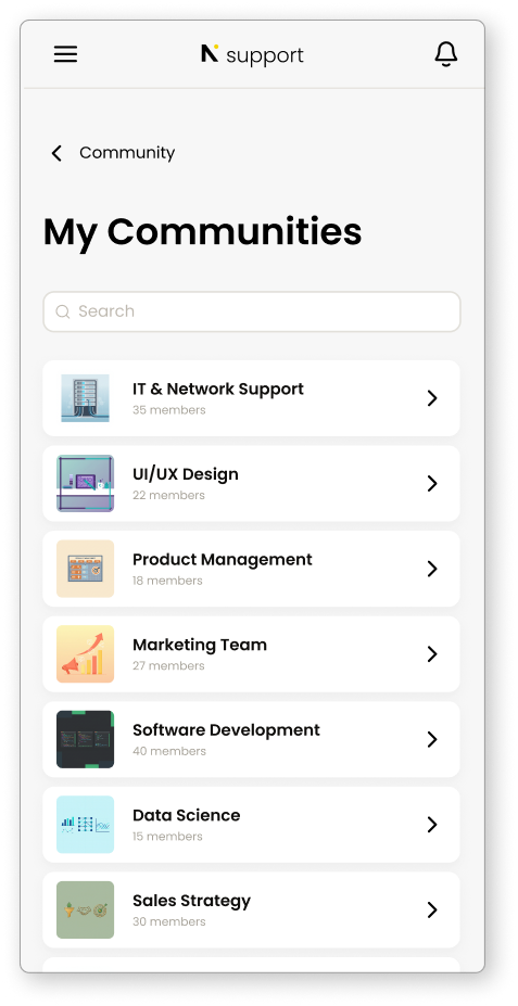 NLV Support-app met een overzicht van communities